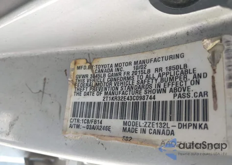 2003 Toyota Matrix Xr из США, поврежденный, VIN 2T1KR32E43C098744